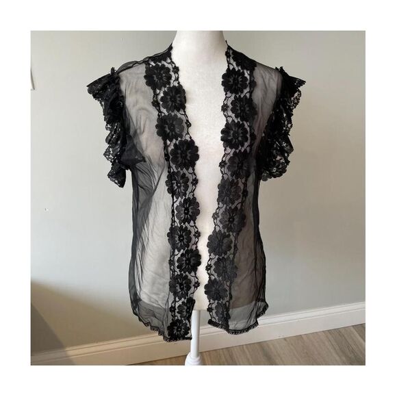 Black Lace Ruffle Floral Sheer Cardigan Women's Small Fairy Goth Regency READ - Picture 1 of 6